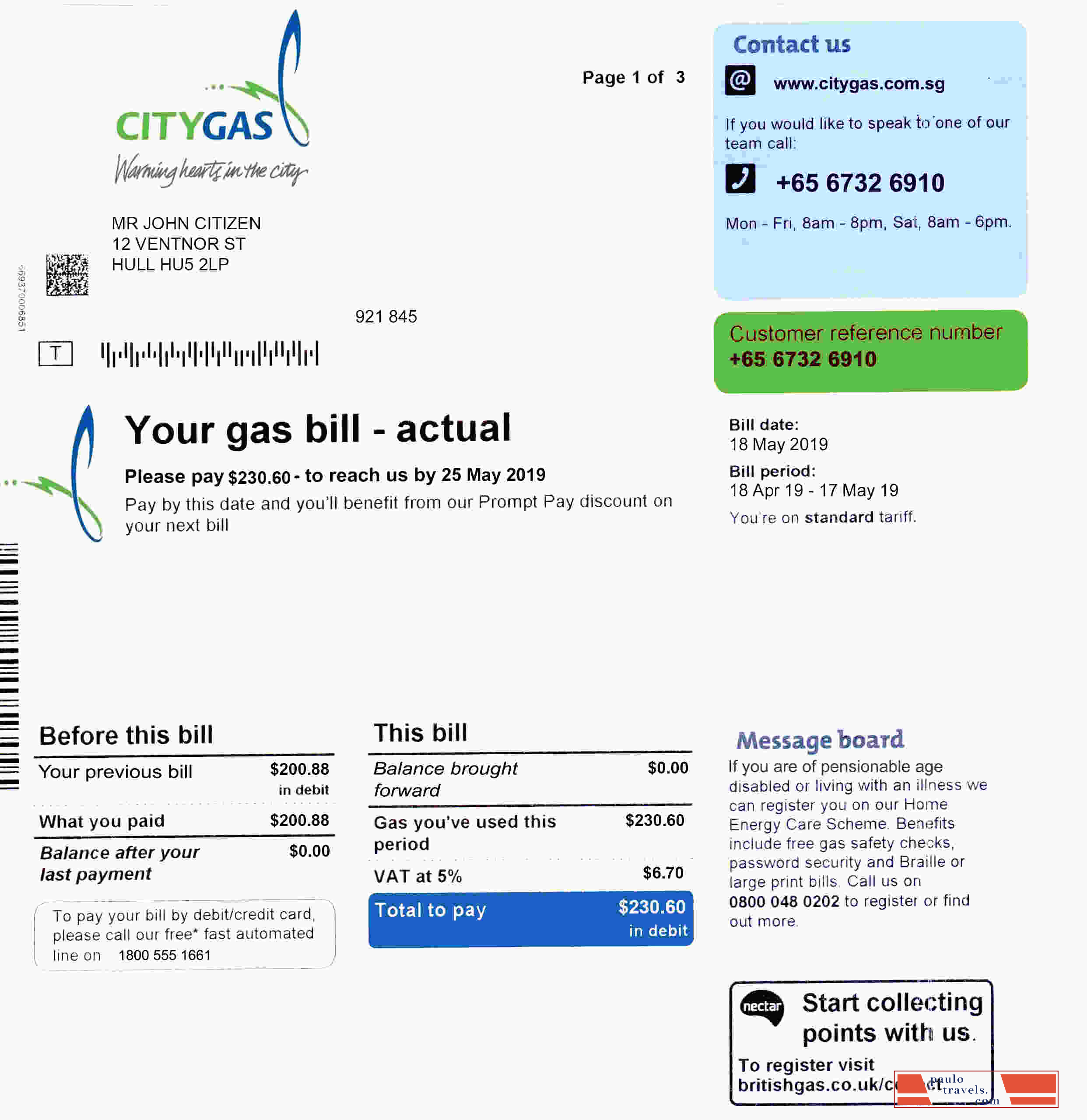 Singapore City Gas utility bill template, fully editable in PSD format
